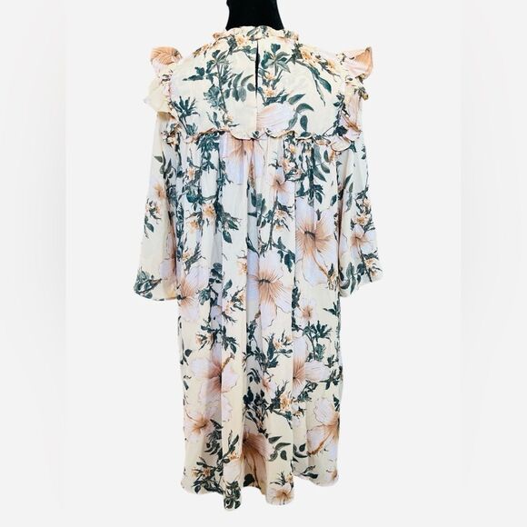 Happy x Nature Boho Dress Size Large Neutral Floral Smocked Bust Ruffle Flutter - Picture 5 of 8